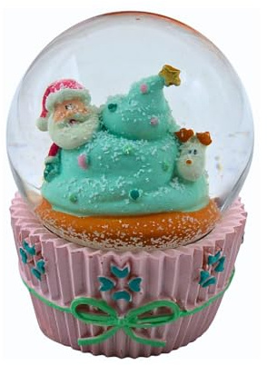 Schüttelkugel, Glaskugel Weihnachten, Weihnachtsmannkugel, Schneekugel als Weihnachtsmann mit Rentier und Tannenbaum auf Cupcakesockel in Mint, Maße H/B/Ø Kugel: ca. 9 x 6 cm/Ø 6,5 cm.