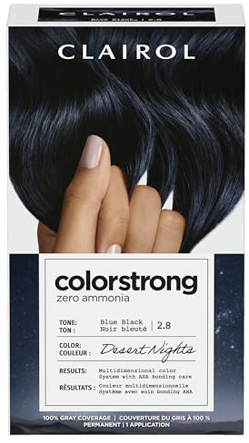 Clairol ColorStrong Permanent Hair Dye, Ammonia‑Free, PPD‑Free, 100% Gray Coverage with Bonding System, 2.8 Blue Black - Desert Nights Hair Color, Pack of 1