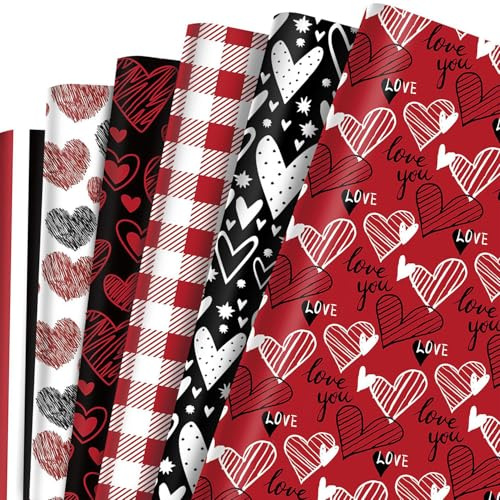 sorkwo Valentinstag Geschenkpapier Blatt, 6 Blatt Valentinstag Muster Papier Flach Geschenkpapier Blätter Weihnachten Geschenkpapier mit 6 Stil für Valentinstag