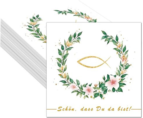 40 Stück Servietten Konfirmation,Fisch Servietten mit 'Schön, dass du da bist!' – Fisch-Tischdekoration für Taufe, Kommunion, Konfirmation, Geburtstag – Ideal für Jungen & Mädchen – 33x33 cm