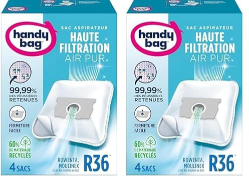 Handy Bag - Sacs aspirateur R36 x4sacs - Compatibles Moulinex, Rowenta - 99,99% des poussières retenues - Fermeture facile - Anti-allergène - 60% de matériaux recyclés, Blanc (Lot de 2)