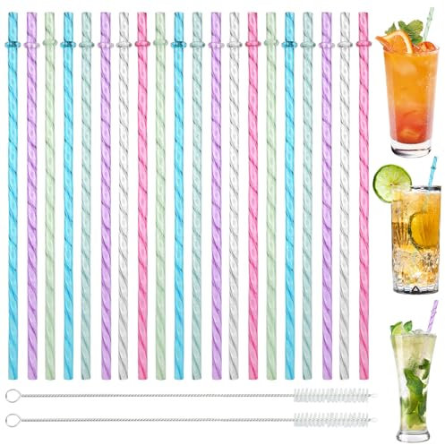 20 Stück Hart Wiederverwendbare Strohhalme, Bunte PETG Trinkhalme, 26,5cm Lange Straws mit 2*Reinigungsbürsten für Smoothies, Saft, Getränke, Cocktails, Heißgetränke