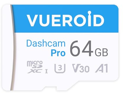 Vueroid Dashcam Pro Carte microSD 64 Go avec adaptateur de lecteur, C10, V30, UHS-I, classe 10, A1, carte mémoire haute vitesse pour vidéo 4K UHD, vitesse de lecture jusqu'à 100 Mo/s microsdxc