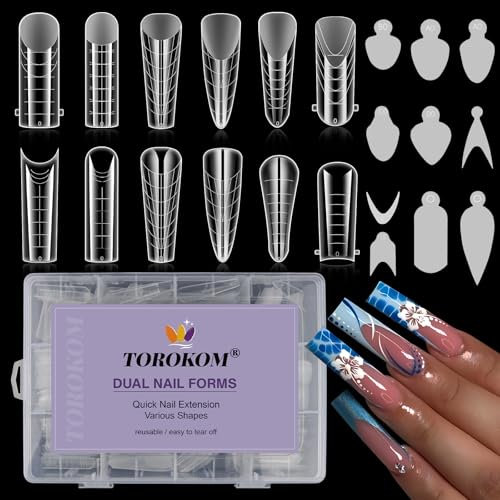 TOROKOM 288PCS Nail Dual Forms for French Nails,Clear False Nail Forms Molds Acrylic Tips,Sticker Silicone Reusable Pads, 12 Styles 12 Sizes Scale for Manicure Extension