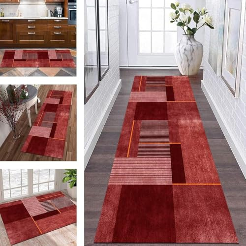 Küchenteppich Läufer Teppich Flur rutschfeste Teppichmatten Küchenläufer 90 X 180 cm Blau Abstraktes Muster Korridor Teppich Läufer Waschbar Meterware Te, Rot Orange, 80X120CM
