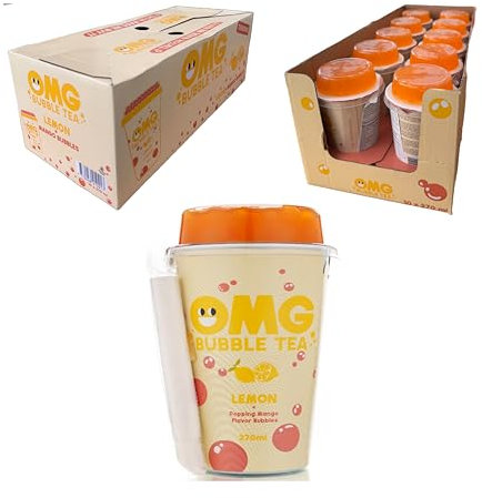OMG Bubble Tea 270ml 10 Pack, with straws to drink and colourful display tray (270ml 10 PACK, OMG BUBBLE TEA LEMON with MANGO Bubbles, 10 cups)
