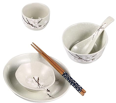 JECOMPRIS 1 Set Japanese Style Ceramic Tableware Set Dish Bowl Cup Spoon Chopstick for Single Use Safe Practical Dining