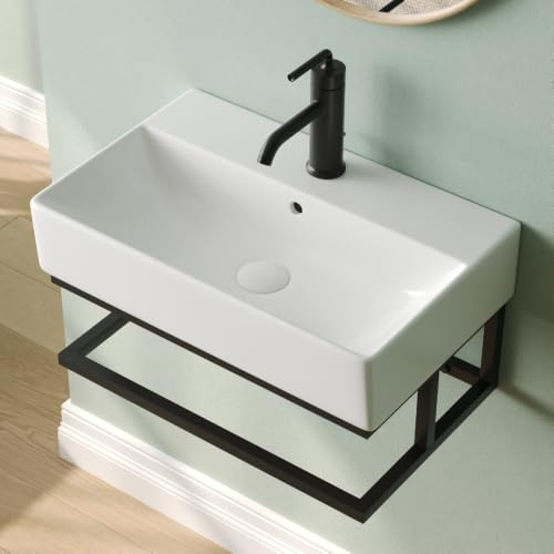 DeerValley Lavabo de Baño Suspendido con Toallero Negro – Lavabo de Cerámica Rectangular con Rebosadero para Baños y Aseos de Invitados