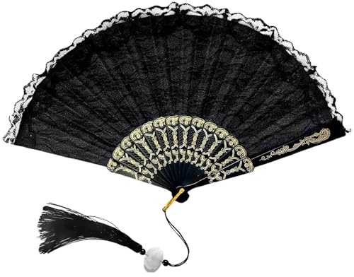 GWAWG Black Lace Folding Hand Fan with Pendant,Elegant Hand Held Foldable Fans,Foldable Hand Fan for Home Decorations Festival Gift,Wedding,Party.