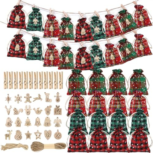 Adventskalender zum Befüllen 2025,Jutesäckchen Adventskalender Selber Befüllen Stoff für Kinder Groß Geschenktüten Weihnachten 24 Stoffbeutel für DIY Weihnachtsdeko- (Rot)