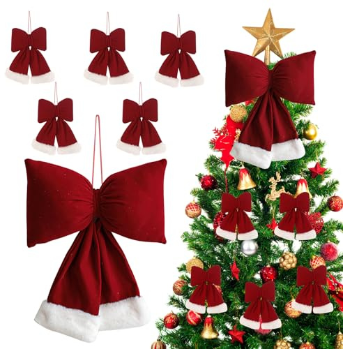 Fiocco di Natale Rosso, ZoneYan 6 Pezzi Fiocchi per Albero di Natale Rossi, Bowknot di Natale Decorazione, Fiocco Albero di Natale Grande, Ornamenti di Fiocco di Nastro di Natale
