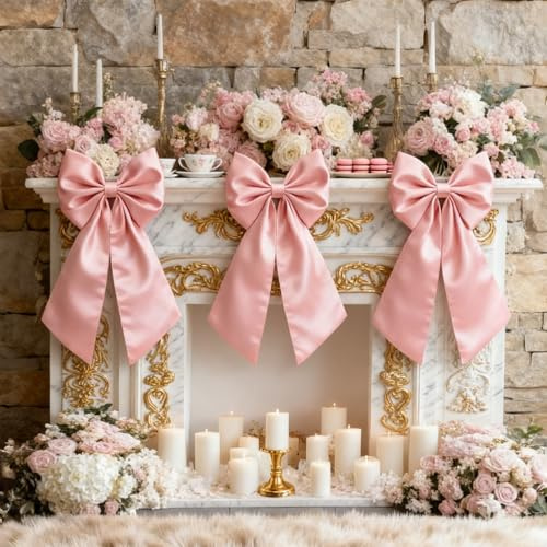 Froova Pink Bow Decor for Crib 3 Pack Large Pink Bows Decoration 11 x 23 Inches Big Bow Decor Coquette Party Background for Bachelorette Baby Shower Bridal Shower Wedding