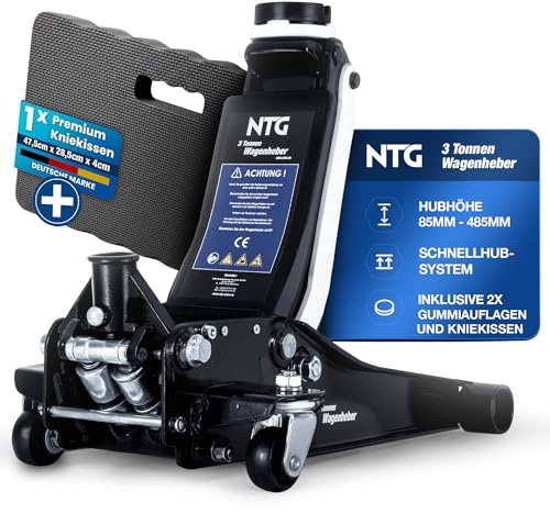 NTG HYDRAULISCHER WAGENHEBER 3T – Flacher Wagenheber Hydraulisch mit Doppelzylinder – 85-485 mm Hubhöhe – Extra Stabiler Rangierwagenheber 3 Tonnen für PKW & SUV – Inkl. KNIEKISSEN