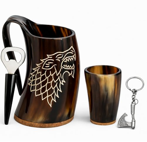 Classic Collection UK7 Ltd Viking Natural Horn Drinking Mug with Wolf Design, 500ml Capacity, Includes Shot Glass and Bottle Opener and Norse Axe Keychain (Dire Wolf Set)