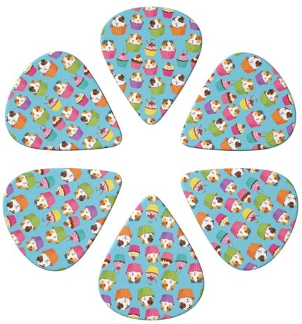 351 Gitarrenplektren in verschiedenen Formen, 6er-Packung mit Meerschweinchen- und Cupcake-Motiven, Zelluloid-Plektren für Bass-, Ukulelen- und Banjospieler, Stärken: Leicht/Mittel/Schwer