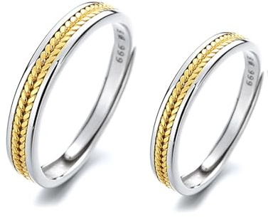 Paarringe für Sie und Ihn, Set aus Silber 999, Ringe für Paare, anpassbarer, Verstellbarer Weizenring aus Silber und Gold