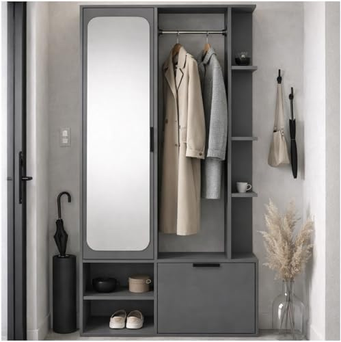 MEBLINI Garderobenschrank Flur mit Spiegel - Garderobe Schrank - Flurgarderobe schmal - Garderobe Flur Möbel Set - Flurschrank hoch - Nadia - 100x33x190cm R/L - Dunkelgrau