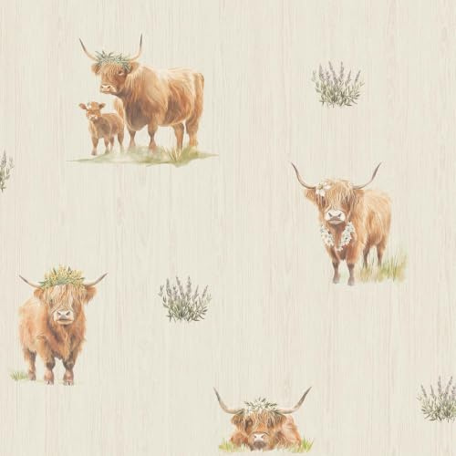 Holden Scottish Highland Cow Wallpaper, Neutral (14382) | Living room, bedroom and hallway, watercolour cattle motifs, heather sprigs, woodgrain-effect ground, spongeable