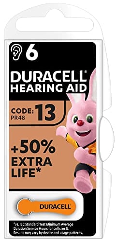 Duracell Batterie per apparecchi acustici formato 13 (confezione da 6) +50% di durata extra, installazione semplice, imballaggio 100% riciclabile, assicurate per 4 anni nell'ambiente di stoccaggio