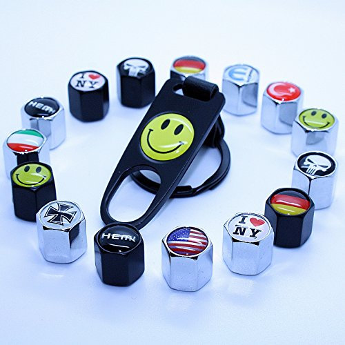 LED-Mafia 4 Ventilkappen + Schlüsselanhänger - Ventil Chrom Shocker USA Deutschland Smile - Anhänger Schlüsselring Etui Schlüssel (Pirat - Chrom)