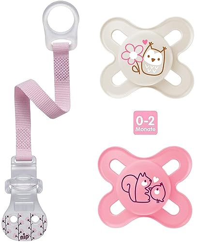 MAMSkin Soft Silikon mini-Schnuller Start speziell für Früh- und Neugeborene extra klein // 0-2 Mo. Girl // 2er Set // inkl. Sterilisiertrasportboxe & NIP Schnullerband