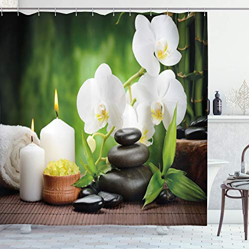 ABAKUHAUS Spa Duschvorhang, Steine und Orchideen, Stoffliches Gewebe Badezimmerdekorationsset mit Haken, 175 x 200 cm, Weiß Grün und Schwarz