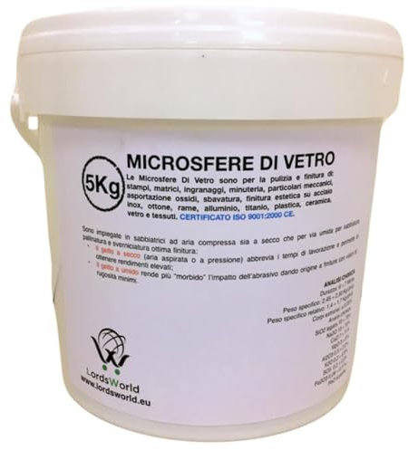 LordsWorld - Sabbia Microsfere di Vetro per Sabbiatrice, 6-7 Mohs, Riutilizzabili 6-7 Volte. Sabbia per Sabbiatrice, Alluminio, Legno, Carrozzerie, Vespa, Edile e Sverniciatore (5Kg, 200-300 Micron)