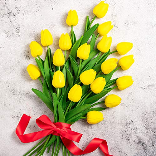 Whaline - Bouquet di 20 tulipani finti, realistici al tatto, in lattice, decorazione floreale per casa, giardino, matrimoni, feste (giallo)