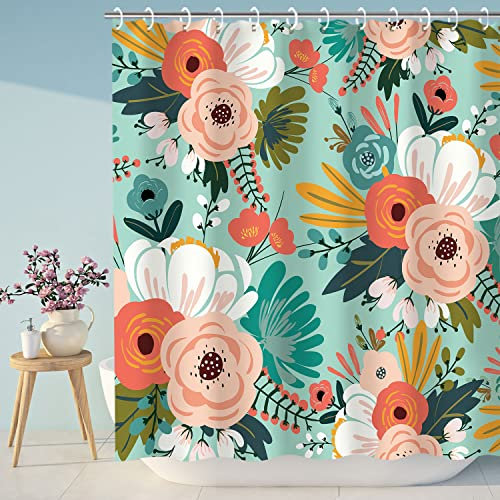 LIVILAN Tenda da doccia con fiori colorati, set di tende da bagno in tessuto, con ganci, decorazione per il bagno (verde, 183 x 183 cm)