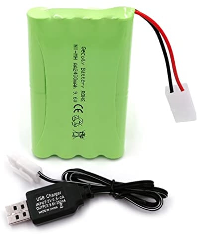 Gecoty® Batería recargable de NiMH de 9,6 V, 2400 mAh, batería AA con conector KET 2P y cable de carga, para camiones, tanques y acorazados radiocontrolados