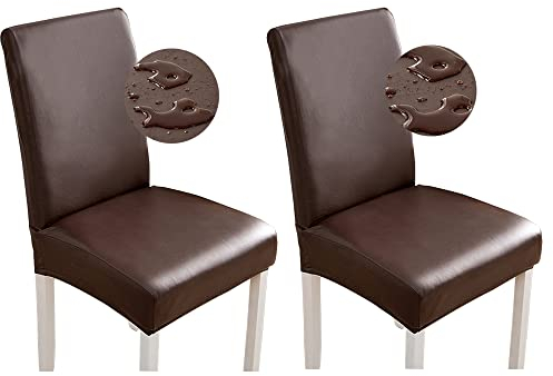 Bestenrose Stuhlhussen 2er/1er PU Leder Stuhlbezug wasserdichte Stretch Esszimmer Stuhlüberzug Stretch Stuhl Husse Universell Stuhlhussen Haus Büro Restaurant (2-Stück, Kaffee)