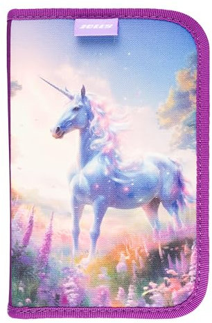 JOLLY 1-Zipp-Federpennal Unicorn Design, Pink, 30-teilig befüllt, mit Buntstiften, Fasermalern, Graphitstiften und Zubehör, ideales Schulmäppchen für den Schulstart