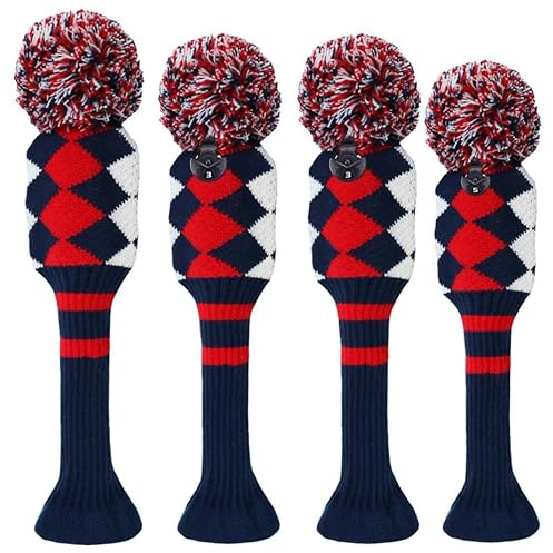 Lot de 3 ou 4 housses de tête de golf à pompons pour bois 1, 3, 5 et hybrides de parcours avec étiquette numérotée (rose 1335)