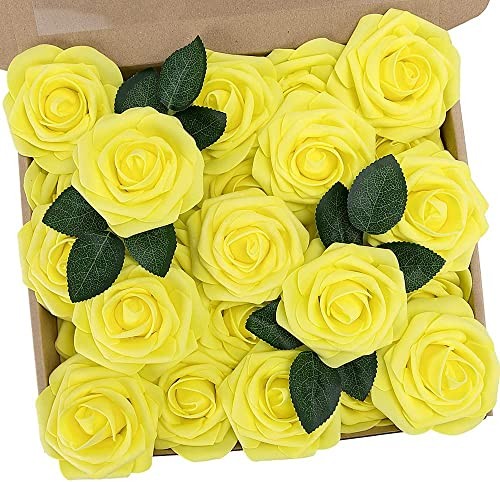 PIQIUQIU 25 Rose Artificiali in gommapiuma, Fiori Artificiali, per Matrimonio, Bouquet da Sposa, Decorazione per la casa 8cm (Giallo)