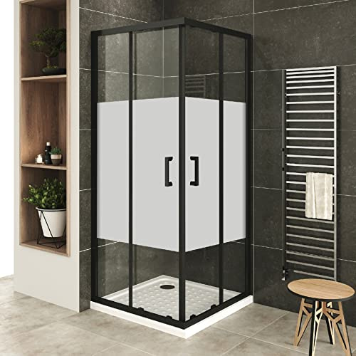 LANABLACK+ Porte de douche d'angle coulissante H 185 cm verre centre-opaque 80 x 80 cm