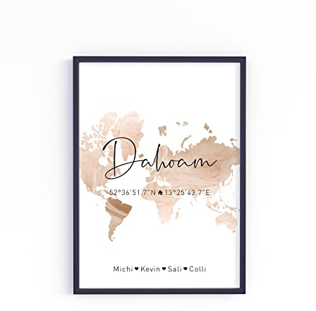 Dahoam Koordinaten Poster personalisiert mit Namen in A4 oder A3 als Einweihungsgeschenk oder Geschenk-Idee zum Einzug Jahrestag Richtfest Umzug