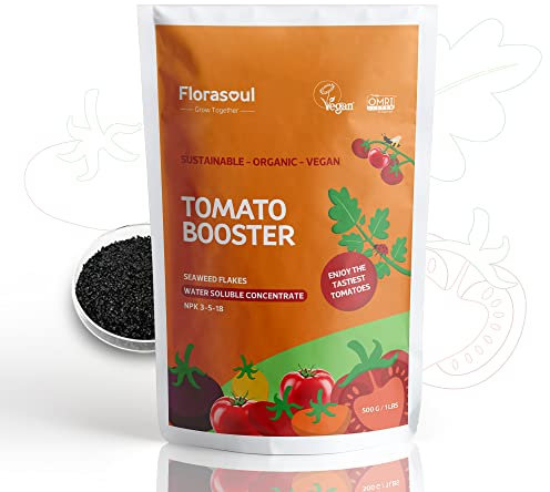 Florasoul® Tomate Booster Abono Organico Tomate CRECIMIENTO, VITALIDAD, MEJOR SABOR Abono Organico Huerta SIN OLOR Bio Vegan Abono de Algas Marinas Agua Soluble 500g/350l