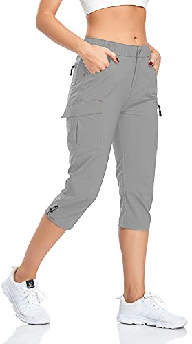 GymBrave Pantalon cargo de randonnée pour femme, capris de camping légers et à séchage rapide, résistants à l'eau, avec protection UPF 50 et poches à fermeture éclair, gris clair S