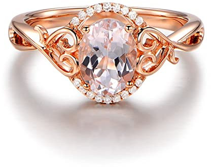 Anello Fedina Donna Oro Rosa 18K, Ovale Con Cuore Morganite 1.3ct Diamante Bianco 0.04ct Anello Decorativo Anello da Donna Taglia 13