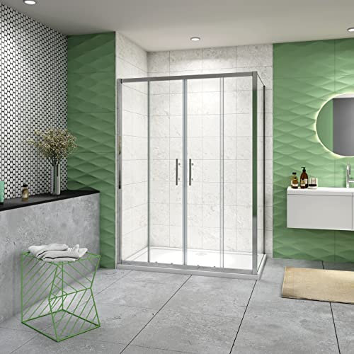 140x90x185 cm Box Doccia Angolare Porta Scorrevole con Parete Fissa Vetro 5 mm Ingresso Centrale Temperato Trasparente Profilo Cromato Lucido