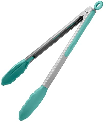 U-Taste 30 cm Silikon-Küchenzange 315℃ hitzebeständige Kochzange mit fest versiegelten Antihaft-Gummispitzen & silikonbeschichtetem Stahlgriff & glatter Verriegelung zum Servieren von Grill (Aqua Sky)