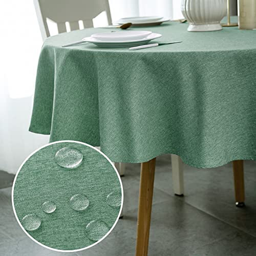 WELTRXE Round Table Cloth,180cm Diameter,Faux Linen Tablecloth,Water Resistant Spill Proof Wipeable Polyester Dining Table Cover for Cafe Restaurant Buffet Tabletop Decoration,Dark Green