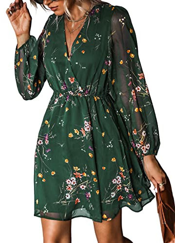 CUPSHE Women's Floral Print Chiffon A-Line Mini Dress Long Peasant Sleeves Elastic Autumn Dress Green S