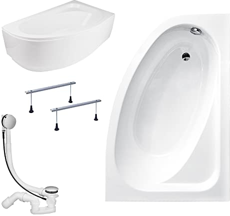 KOLMAN Badewanne CORNEA Eckbadewanne 150x100 Rechts mit AcrylSchürze, Ablaufgarnitur und Füßen Komplettset 4in1 Premium Original Acryl Wanne Siphon