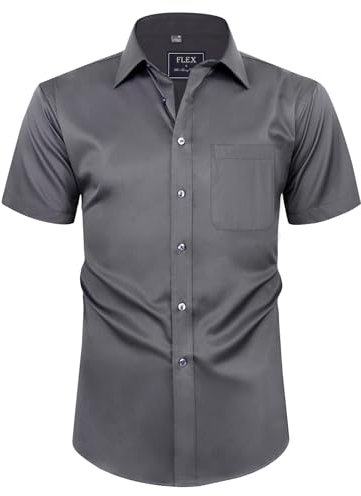 siliteelon Mens Shirts Short Sleeve Stretch Dress Regular Fit Casual Business Summer Shirt with Pocket Dark Grey L