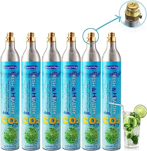 GreatWhip 6x CO2 Zylinder 60 L für Wassersprudler, Prämie Einschrauben Karbonisator kompatibel mit gängigen Sprudlern, SodaStream, Aarke etc., 425g Recycelbar Gewindezylinder *Nicht für Quick Connect