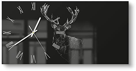 DEQORI Glasuhr | vertikal 60x30 cm | Motiv Digitalisierter Hirsch | große XXL Design Uhr aus Glas | leise Wanduhr für Wohnzimmer & Küche | moderne Hingucker Uhr für die Wand