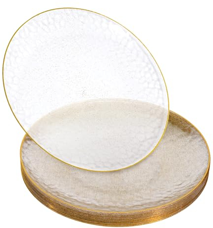 20 Pack - Wedding Glittered Gold hammered Plastic Plates with Gold Rim - Choose Your Size (7, 9, or 10-Inch) - Reusable Lightweight Party Plates (9inch)
