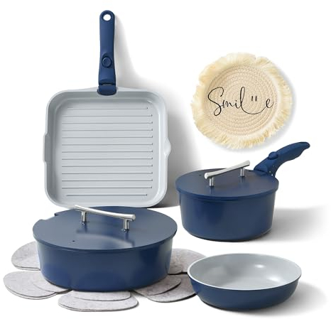Pots and Pans Set with Detachable Handle - 12 Pcs Nonstick Ceramic Cookware Lids, Non Toxic Set, RV Stackable Pans, PTFE & PFOA Free, Oven Safe, Space Saving- Navy (MS-12-Blue)