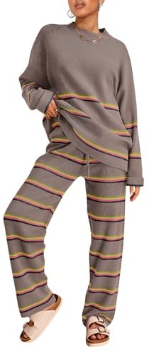LILLUSORY 2-teiliges Outfit für Damen, 2024, übergroße gestreifte Pullover-Set, gemütliche Stricksets, Gestreifte Muskatnuss, L
